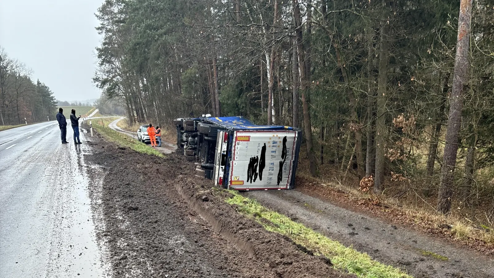 Der LKW kam von der Straße ab und musste anschließend von einer Spezialfirma bewegt werden. (Bild: Polizeiinspektion Neustadt a.d.Waldnaab, Franz, PHK)