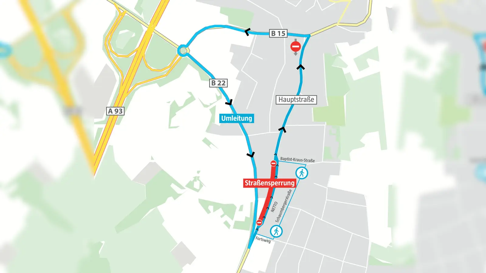 Einseitige Straßensperrung in Altenstadt: Ab 2. September ist die Hauptstraße ab der Bapist-Kraus-Straße bis zum Forstweg für Verkehr Richtung Weiden gesperrt. Ein Umleitung findet über den Kreisverkehr statt. (Grafik: Quelle: Gemeinde Altenstadt/WN – Grafik: Marco Meier)