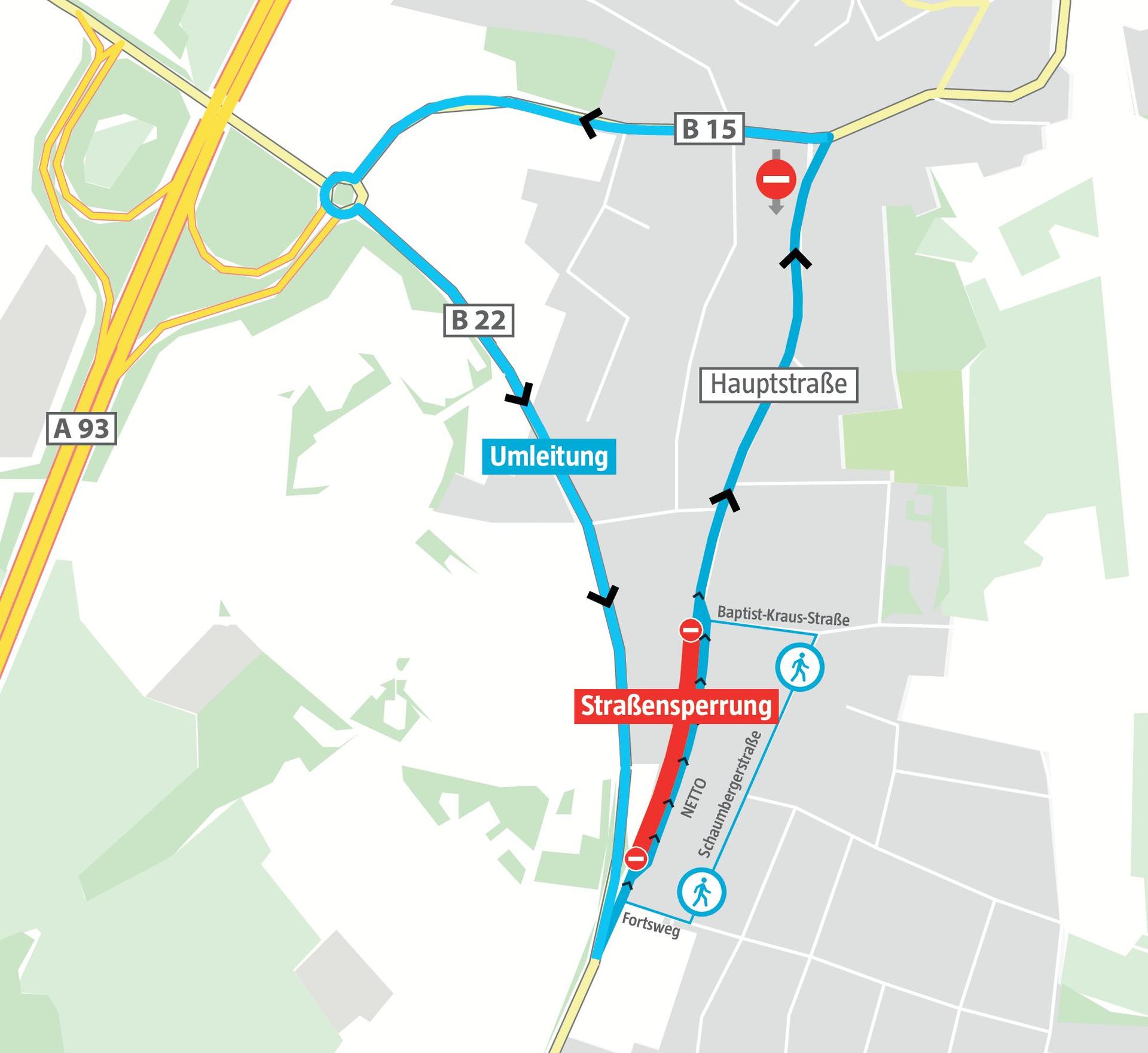 Einseitige Straßensperrung in Altenstadt: Ab 2. September ist die Hauptstraße ab der Bapist-Kraus-Straße bis zum Forstweg für Verkehr Richtung Weiden gesperrt. Ein Umleitung findet über den Kreisverkehr statt. (Grafik: Quelle: Gemeinde Altenstadt/WN – Grafik: Marco Meier)