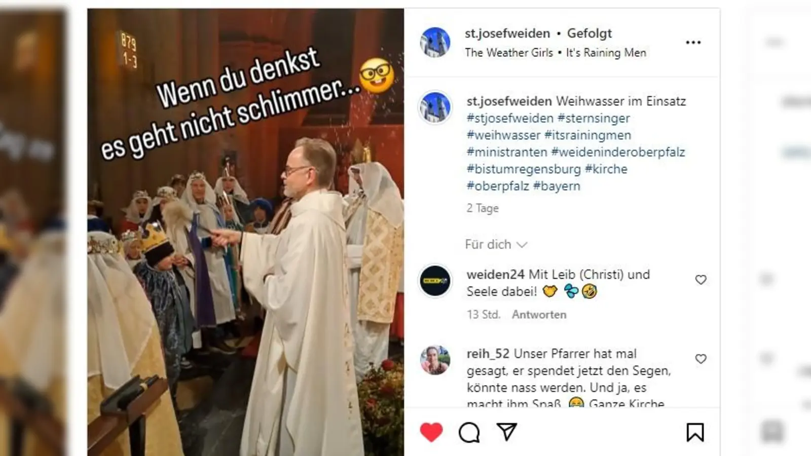 Kaplan Wolfgang Weyer segnet die Sternsinger - und spart nicht mit Weihwasser. (Bild: Instagram/@st.josefweiden)