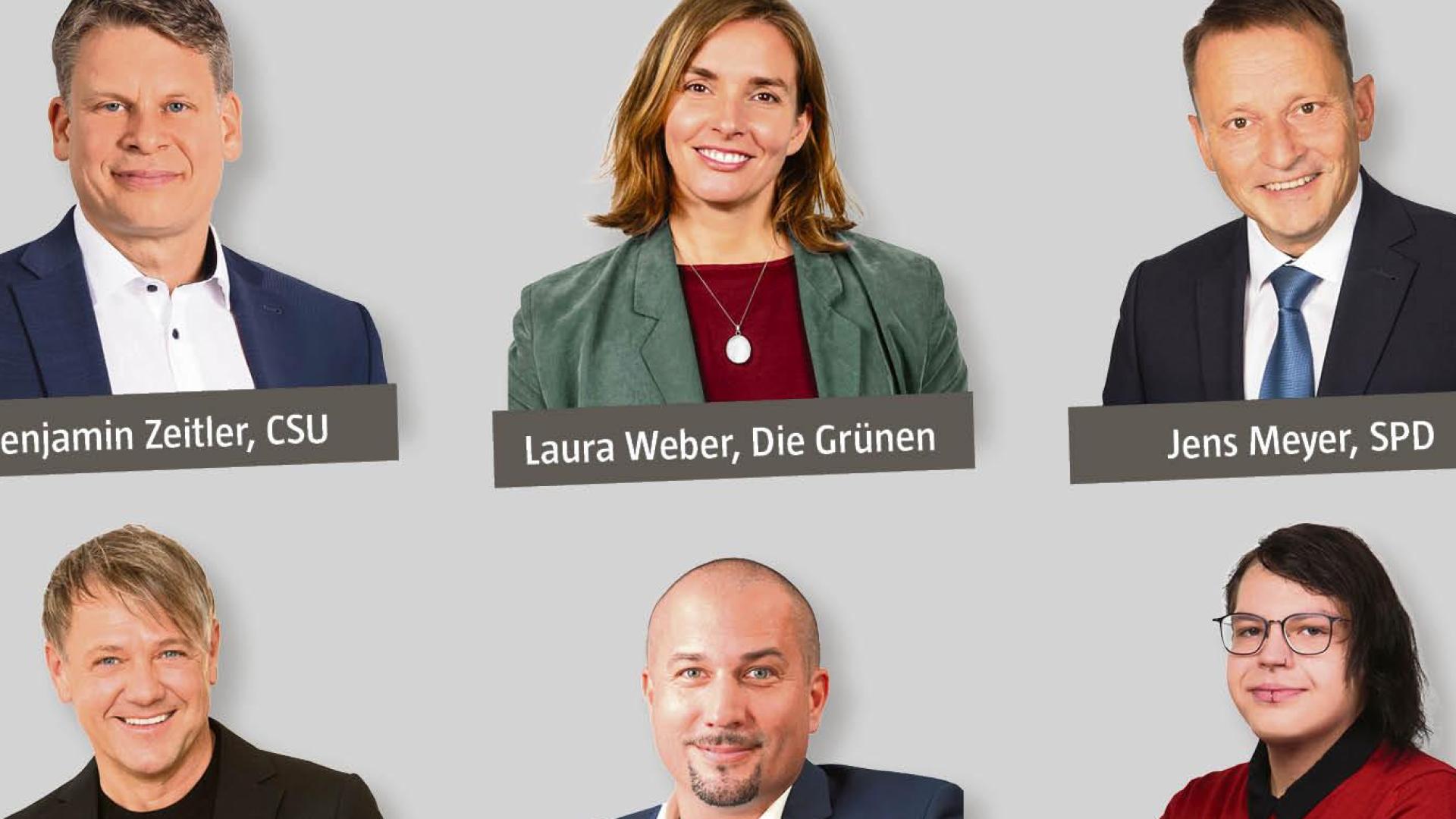 Sechs Bewerber für das Amt des Oberbürgermeisters in Weiden stellen sich den Fragen von Oberpfalz-Medien. (Grafik: Oberpfalz-Medien – Bilder (von links): Sebastian Faltenbacher,  Elisabeth Hütter, Photo Hübner, Photo Hübner, Vogel/privat, Photo Hübner)