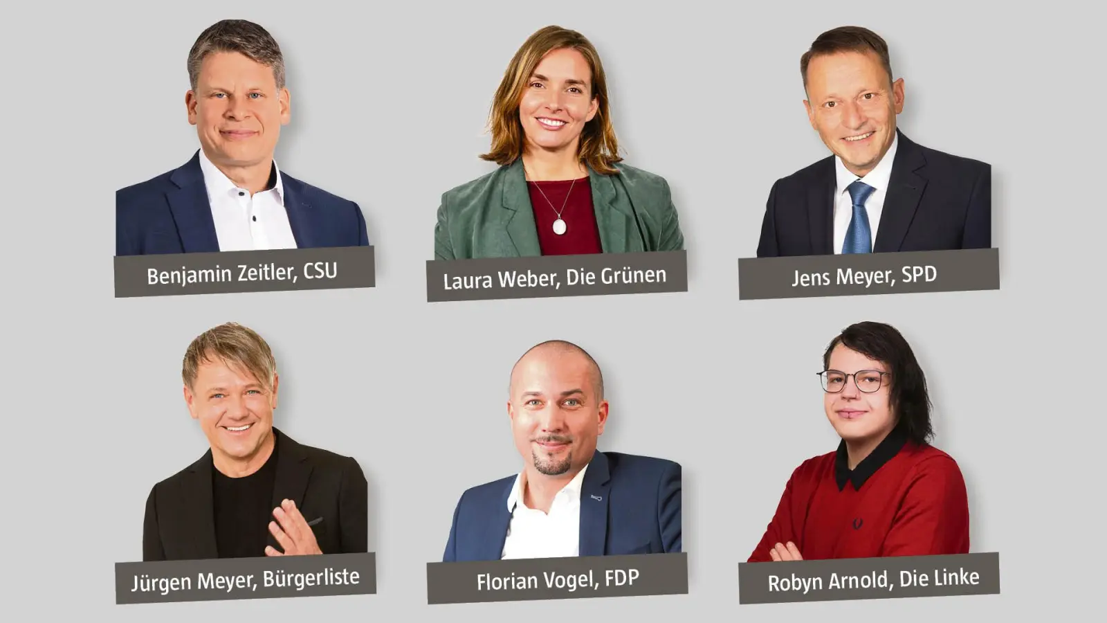 Sechs Bewerber für das Amt des Oberbürgermeisters in Weiden stellen sich den Fragen von Oberpfalz-Medien. (Grafik: Oberpfalz-Medien – Bilder (von links): Sebastian Faltenbacher,  Elisabeth Hütter, Photo Hübner, Photo Hübner, Vogel/privat, Photo Hübner)