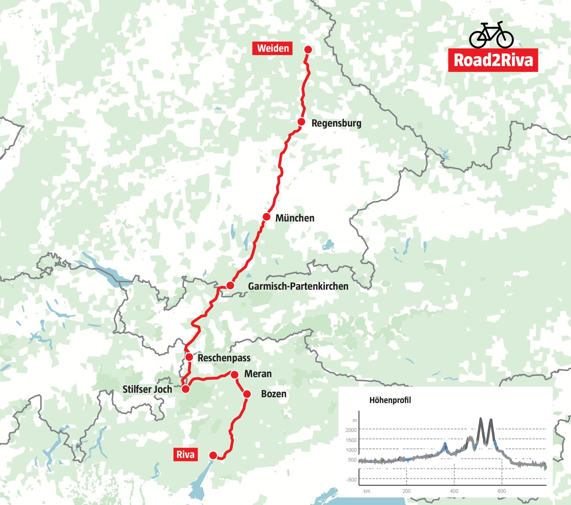 Über 700 Kilometer wollen die Schüler der FOS/BOS mit dem Fahrrad zurücklegen. Dabei müssen sie auch etliche Höhenmeter bewältigen.  (Grafik: Marco Meier)