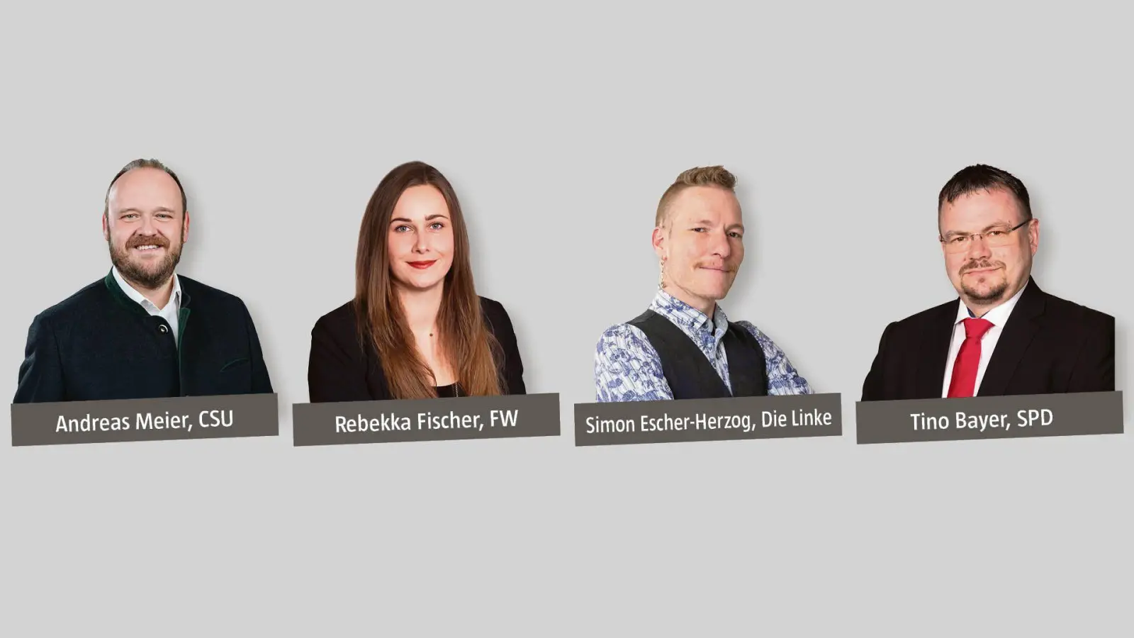 Diese vier Kandidat*innen treten zur Wahl an.  (Grafik: Oberpfalz-Medien – Bilder (von links): CSU Kreisverband Neustadt, Sandra Dobmeier/Fotostudio FotoGen, Die Linke, Photo Hübner Neustadt/WN)