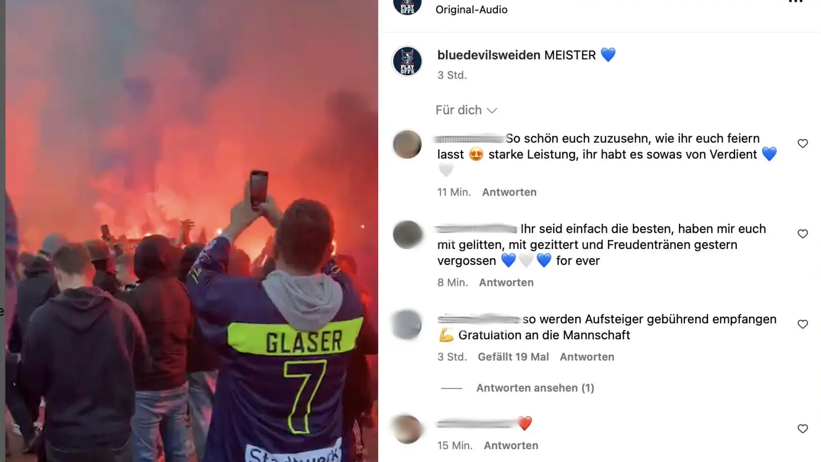 Nach dem Sieg gegen die Hannover Scorpions und dem Aufstieg in die DEL2 heißen die Fans die Blue Devils in Weiden willkommen. (Bild: Instagram/@bluedevilsweiden)