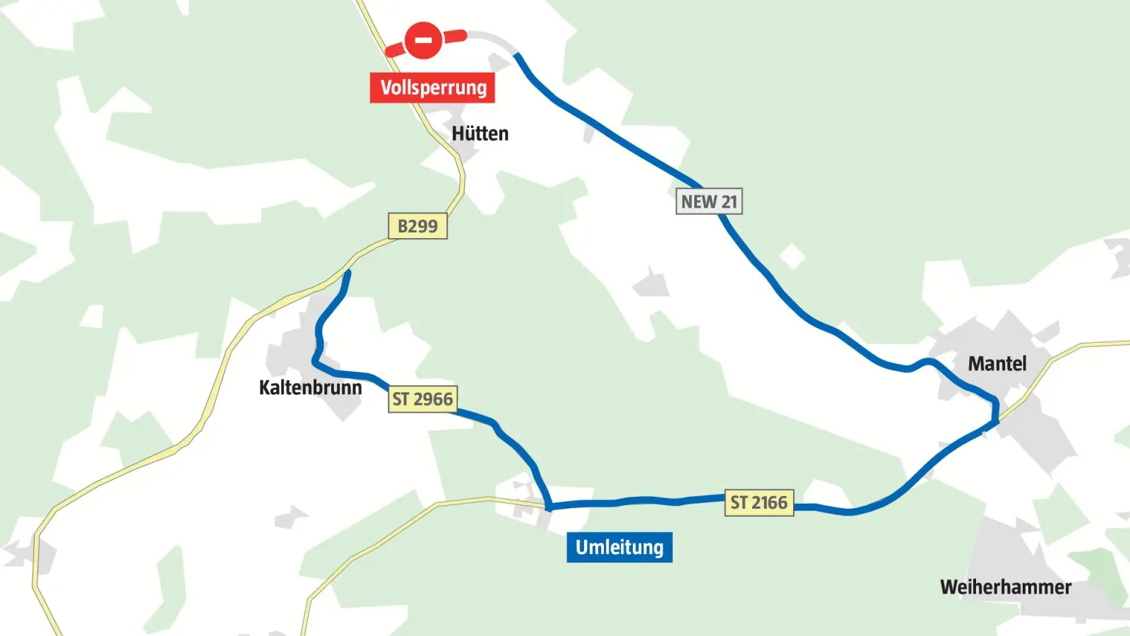 Aufgrund von Bauarbeiten ist die Ortseinfahrt Hütten bei Grafenwöhr für mehrere Wochen gesperrt. (Grafik: Marco Meier)