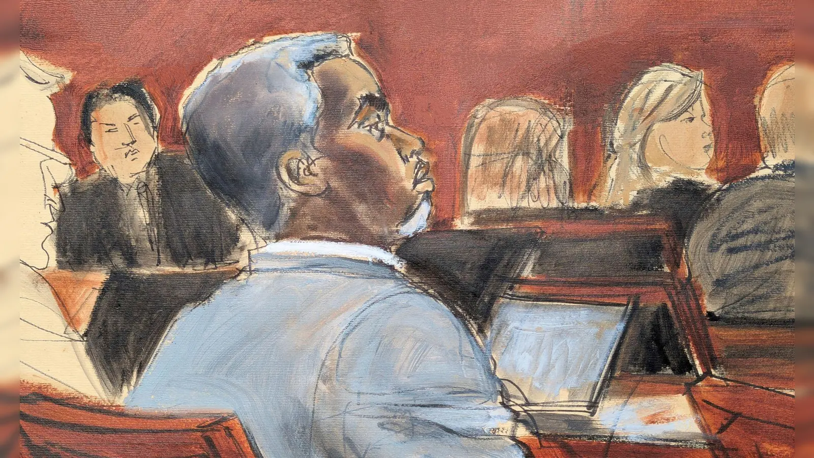 Die Gerichtszeichnung zeigt Sean „Diddy“ Combs, der den Eröffnungsplädoyers am ersten Verhandlungstag vor dem Bundesgericht in Manhattan zuhört. (Archivbild) (Bild: Elizabeth Williams/AP/dpa)