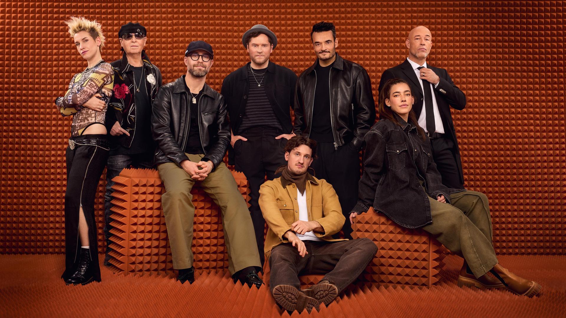 V.l.: Deine Cousine, Klaus Meine, Mark Forster, Johannes Oerding, Tream, Giovanni Zarrella, Frida Gold, Unheilig (Bild:  RTL / Boris Breuer)