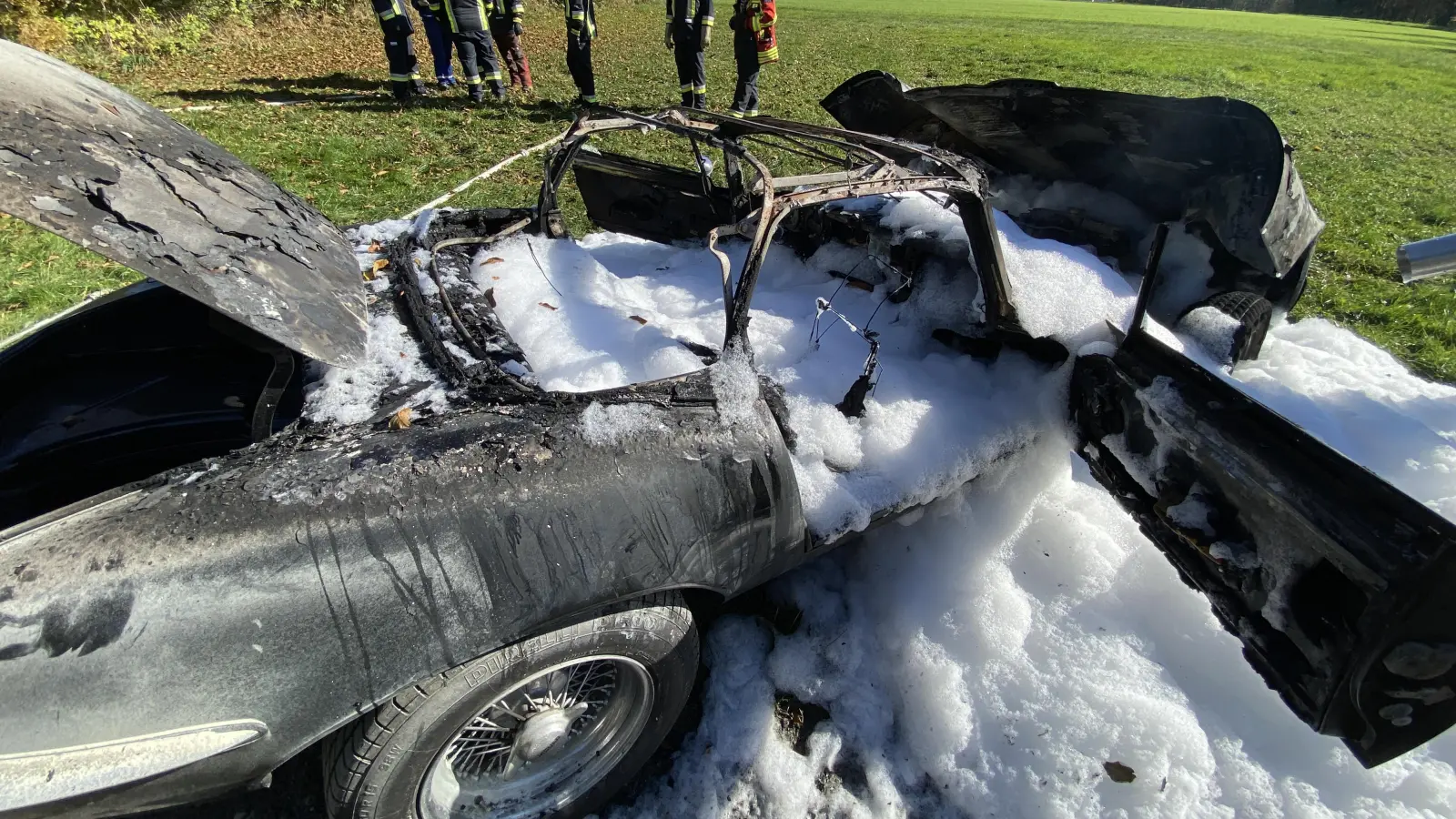 Der Jaguar-Oldtimer brannte komplett aus. (Bild: Polizeiinspektion Münchberg)