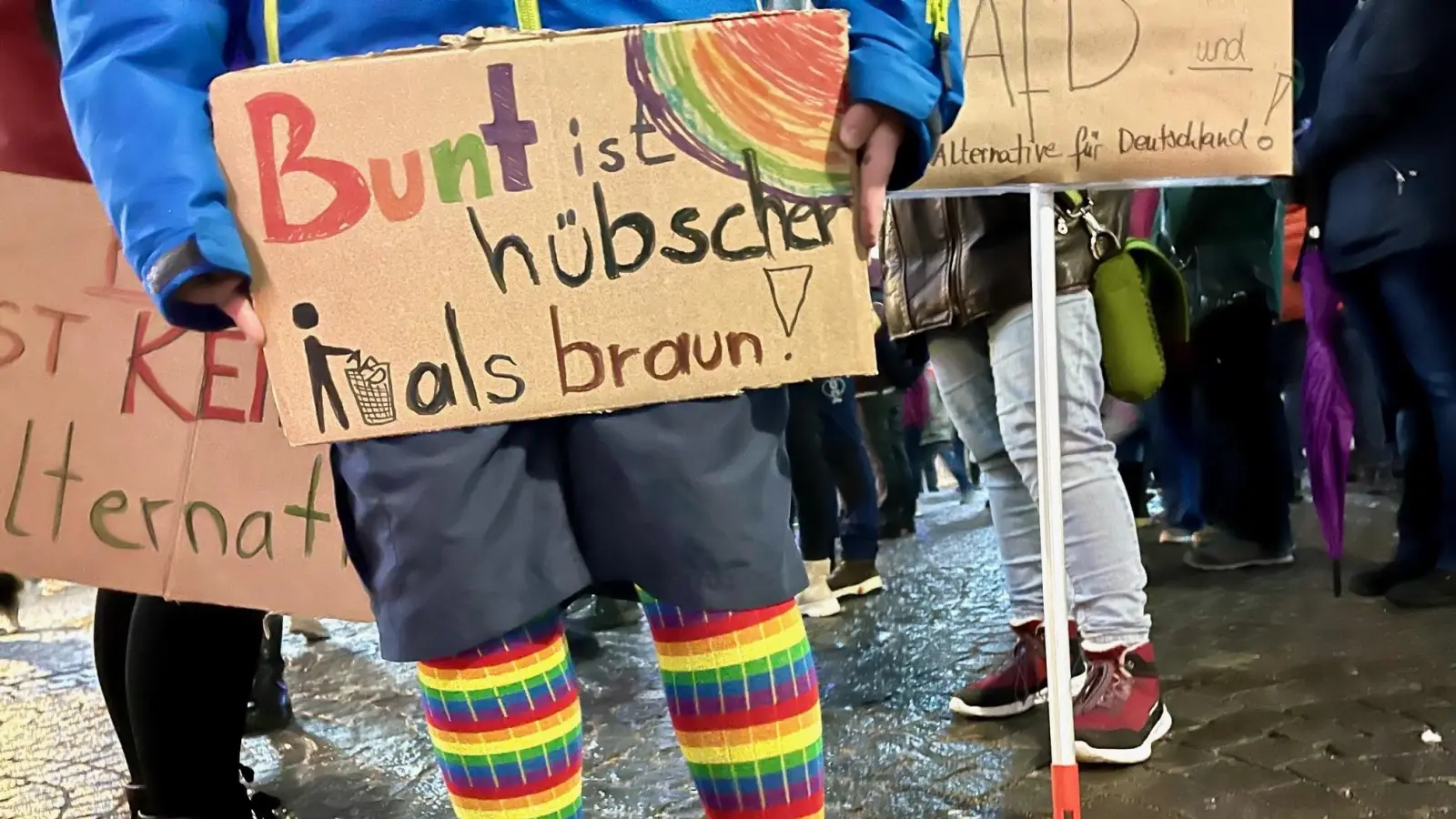 „Bunt ist viel hübscher als braun”, fand dieser Demonstrant, und zeigte es in Weiden. Amberg setzt am Sonntag, 4. Februar, ein Zeichen gegen den Faschismus. (Bild: Gabi Schönberger)